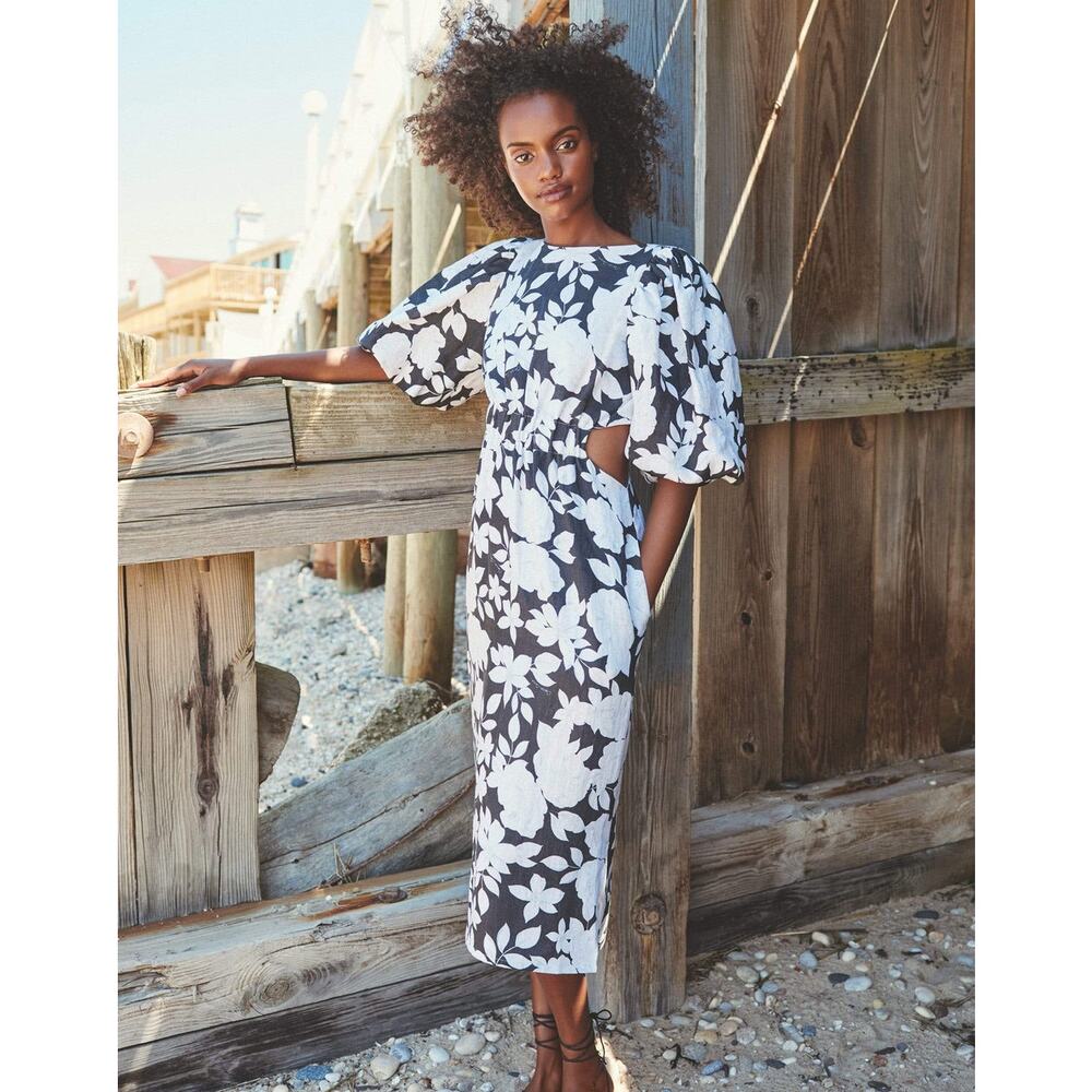 Cara Cara Andrea Floral Linen White Cutout Midi Dress Summer Resort size 12